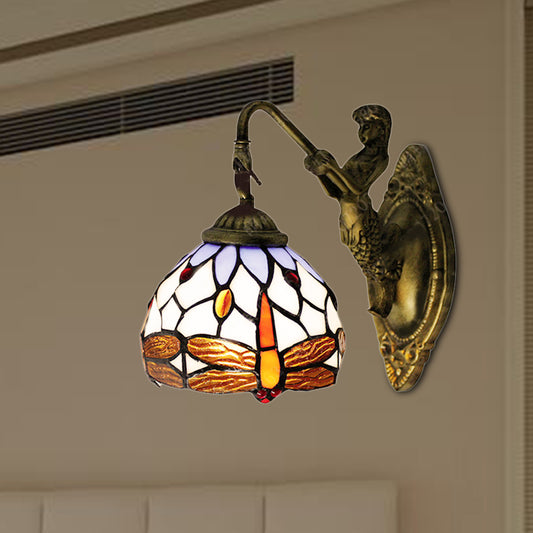 Antique Brass Dragonfly Sconce Lighting Tiffany 1 Head White Glass Wall Mounted Light Clearhalo 'Industrial' 'Middle century wall lights' 'Tiffany wall lights' 'Tiffany' 'Wall Lamps & Sconces' 'Wall Lights' Lighting' 182831