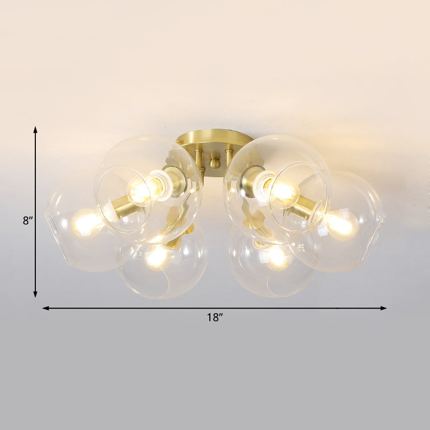 Clear Glass Sphere Semi Flush Lighting Modern 6 Lights Led Semi Flush Mount Lamp Fixture in Gold Clearhalo 'Ceiling Lights' 'Close To Ceiling Lights' 'Close to ceiling' 'Glass shade' 'Glass' 'Semi-flushmount' Lighting' 182870