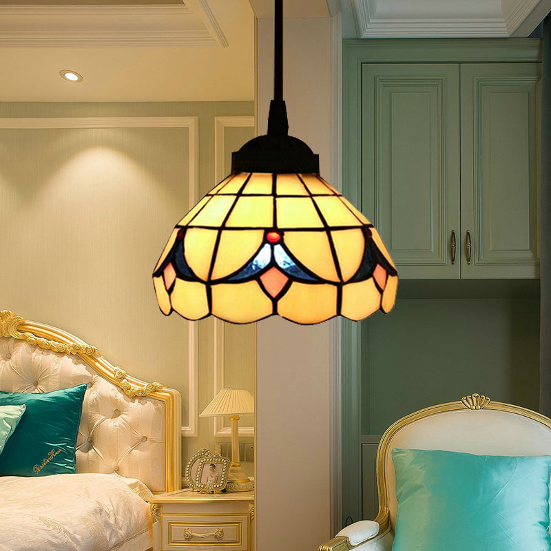 Flower Hanging Light Fixture Tiffany Cut Glass 1 Light Beige Suspension Pendant for Bedroom Clearhalo 'Ceiling Lights' 'Industrial' 'Middle Century Pendants' 'Pendant Lights' 'Pendants' 'Tiffany close to ceiling' 'Tiffany Pendants' 'Tiffany' Lighting' 182872