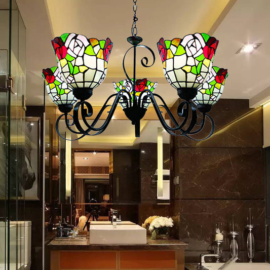 Flower Chandelier Lighting Country Stained Glass 5-Light Hanging Light in Black Finish for Restaurant Clearhalo 'Ceiling Lights' 'Chandeliers' 'Industrial' 'Middle Century Chandeliers' 'Pendant Lights' 'Tiffany Chandeliers' 'Tiffany close to ceiling' 'Tiffany' Lighting' 182895