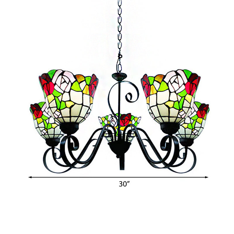 Flower Chandelier Lighting Country Stained Glass 5-Light Hanging Light in Black Finish for Restaurant Clearhalo 'Ceiling Lights' 'Chandeliers' 'Industrial' 'Middle Century Chandeliers' 'Pendant Lights' 'Tiffany Chandeliers' 'Tiffany close to ceiling' 'Tiffany' Lighting' 182897