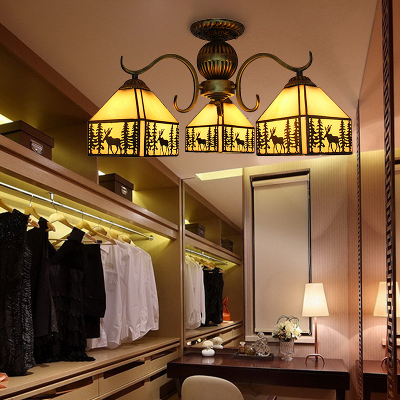 Small House Chandelier Light Tiffany Style Stained Glass Chandelier Lighting in Beige Clearhalo 'Ceiling Lights' 'Chandeliers' 'Industrial' 'Middle Century Chandeliers' 'Pendant Lights' 'Tiffany Chandeliers' 'Tiffany close to ceiling' 'Tiffany' Lighting' 182909