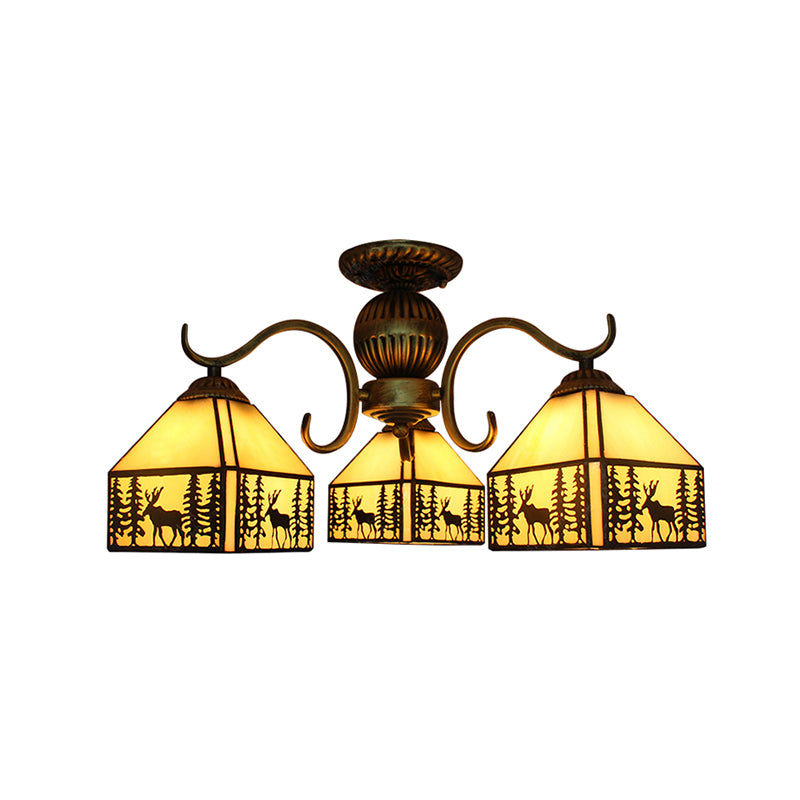 Small House Chandelier Light Tiffany Style Stained Glass Chandelier Lighting in Beige Clearhalo 'Ceiling Lights' 'Chandeliers' 'Industrial' 'Middle Century Chandeliers' 'Pendant Lights' 'Tiffany Chandeliers' 'Tiffany close to ceiling' 'Tiffany' Lighting' 182910