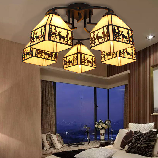 Small House Chandelier Light Tiffany Style Stained Glass Chandelier Lighting in Beige 5 Beige Clearhalo 'Ceiling Lights' 'Chandeliers' 'Industrial' 'Middle Century Chandeliers' 'Pendant Lights' 'Tiffany Chandeliers' 'Tiffany close to ceiling' 'Tiffany' Lighting' 182912