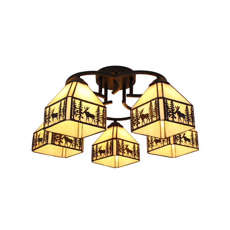 Small House Chandelier Light Tiffany Style Stained Glass Chandelier Lighting in Beige Clearhalo 'Ceiling Lights' 'Chandeliers' 'Industrial' 'Middle Century Chandeliers' 'Pendant Lights' 'Tiffany Chandeliers' 'Tiffany close to ceiling' 'Tiffany' Lighting' 182913