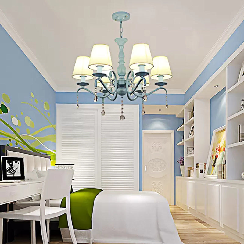 6-Light Tapered Shade Chandelier with Crystal Bead Kids Metal Hanging Light in Blue for Foyer Clearhalo 'Ceiling Lights' 'Chandeliers' Lighting' options 182959