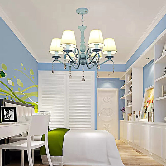 6-Light Tapered Shade Chandelier with Crystal Bead Kids Metal Hanging Light in Blue for Foyer Clearhalo 'Ceiling Lights' 'Chandeliers' Lighting' options 182959