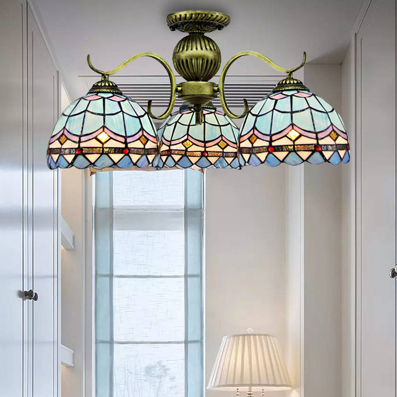 3-Light Bowl Suspension Lamp Retro Style Stained Glass Chandelier Hanging Light Fixture in Blue Blue Clearhalo 'Ceiling Lights' 'Chandeliers' 'Close To Ceiling Lights' 'Industrial' 'Middle Century Chandeliers' 'Tiffany Chandeliers' 'Tiffany close to ceiling' 'Tiffany' Lighting' 182962