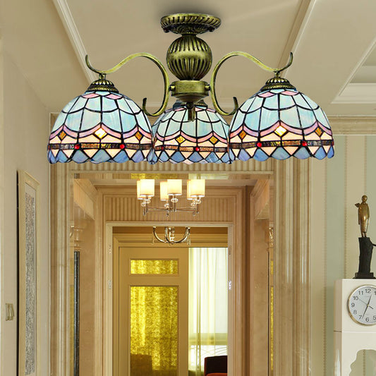 3-Light Bowl Suspension Lamp Retro Style Stained Glass Chandelier Hanging Light Fixture in Blue Clearhalo 'Ceiling Lights' 'Chandeliers' 'Close To Ceiling Lights' 'Industrial' 'Middle Century Chandeliers' 'Tiffany Chandeliers' 'Tiffany close to ceiling' 'Tiffany' Lighting' 182963