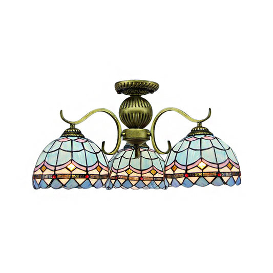3-Light Bowl Suspension Lamp Retro Style Stained Glass Chandelier Hanging Light Fixture in Blue Clearhalo 'Ceiling Lights' 'Chandeliers' 'Close To Ceiling Lights' 'Industrial' 'Middle Century Chandeliers' 'Tiffany Chandeliers' 'Tiffany close to ceiling' 'Tiffany' Lighting' 182964