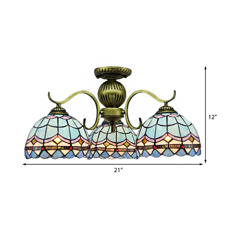 3-Light Bowl Suspension Lamp Retro Style Stained Glass Chandelier Hanging Light Fixture in Blue Clearhalo 'Ceiling Lights' 'Chandeliers' 'Close To Ceiling Lights' 'Industrial' 'Middle Century Chandeliers' 'Tiffany Chandeliers' 'Tiffany close to ceiling' 'Tiffany' Lighting' 182965