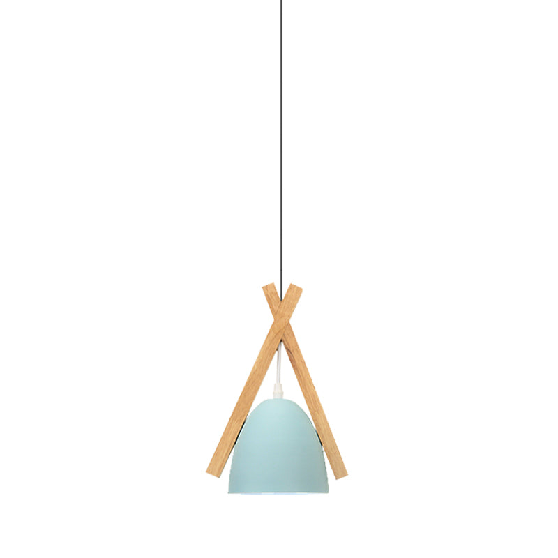 Bowl Shape Hanging Light with Linear Wood Deco Macaron Loft Aluminum Pendant Light for Hallway Clearhalo 'Ceiling Lights' 'Modern Pendants' 'Modern' 'Pendant Lights' 'Pendants' Lighting' 182997