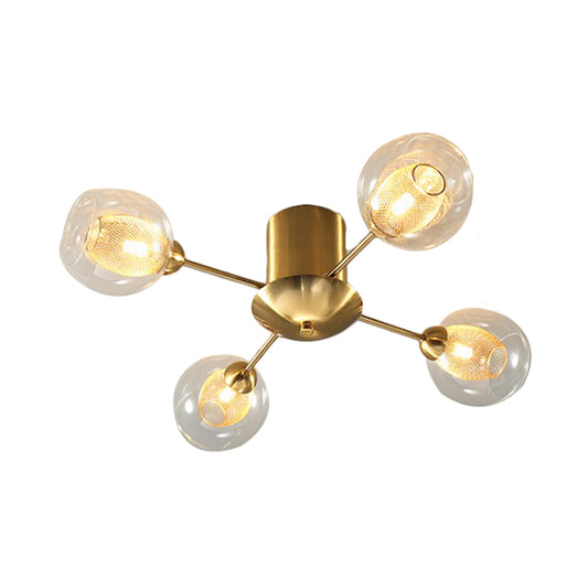 Round Semi Flush Mount Modernist Clear Glass 4/6 Lights Gold Led Semi Flush Ceiling Lamp with Inner Ribbed Glass Oval Shade Clearhalo 'Ceiling Lights' 'Close To Ceiling Lights' 'Close to ceiling' 'Glass shade' 'Glass' 'Semi-flushmount' Lighting' 183115
