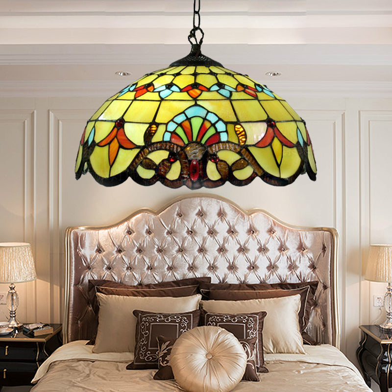 Lodge Domed Pendant Lamp Stained Glass 1 Light Pendant Lighting in Yellow for Dining Room Yellow Clearhalo 'Ceiling Lights' 'Industrial' 'Middle Century Pendants' 'Pendant Lights' 'Pendants' 'Tiffany close to ceiling' 'Tiffany Pendants' 'Tiffany' Lighting' 183121