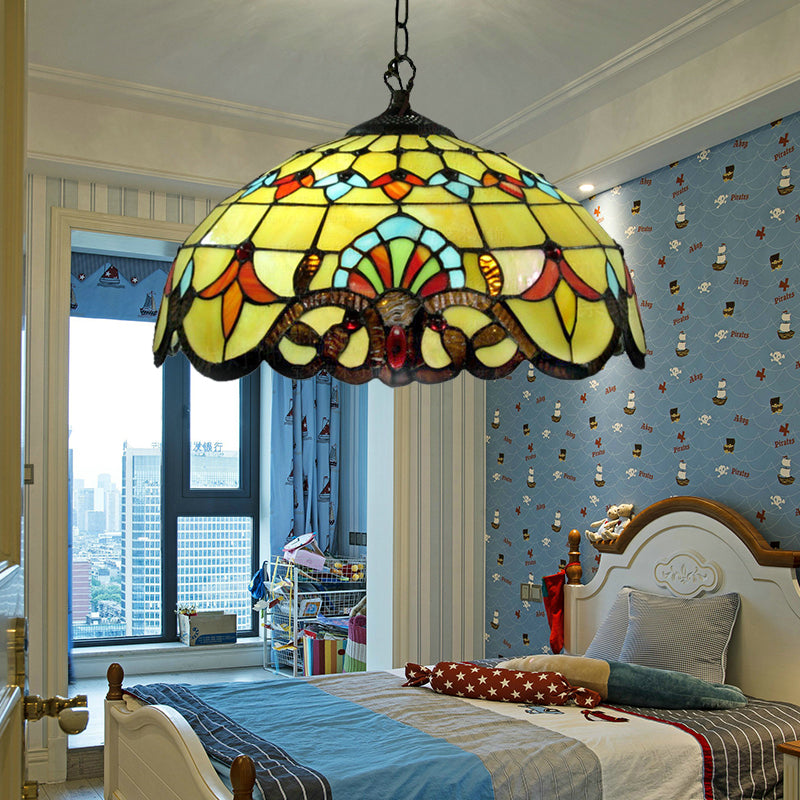 Lodge Domed Pendant Lamp Stained Glass 1 Light Pendant Lighting in Yellow for Dining Room Clearhalo 'Ceiling Lights' 'Industrial' 'Middle Century Pendants' 'Pendant Lights' 'Pendants' 'Tiffany close to ceiling' 'Tiffany Pendants' 'Tiffany' Lighting' 183122