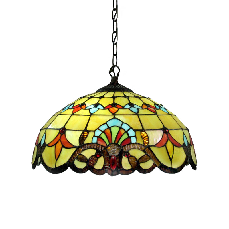 Lodge Domed Pendant Lamp Stained Glass 1 Light Pendant Lighting in Yellow for Dining Room Clearhalo 'Ceiling Lights' 'Industrial' 'Middle Century Pendants' 'Pendant Lights' 'Pendants' 'Tiffany close to ceiling' 'Tiffany Pendants' 'Tiffany' Lighting' 183123