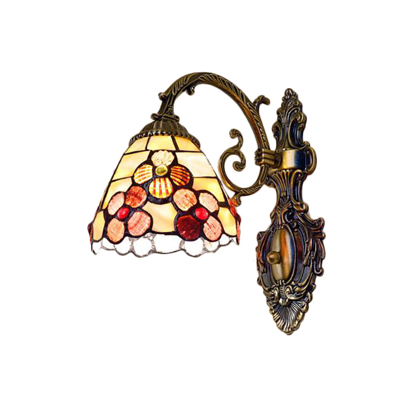 Bowl-Shaped Wall Mount Fixture Stained Glass 1 Light Wall Lighting with Flower Pattern in Antique Brass Clearhalo 'Industrial' 'Middle century wall lights' 'Tiffany wall lights' 'Tiffany' 'Wall Lamps & Sconces' 'Wall Lights' Lighting' 183212