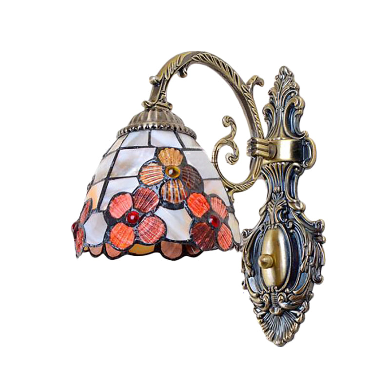 Bowl-Shaped Wall Mount Fixture Stained Glass 1 Light Wall Lighting with Flower Pattern in Antique Brass Clearhalo 'Industrial' 'Middle century wall lights' 'Tiffany wall lights' 'Tiffany' 'Wall Lamps & Sconces' 'Wall Lights' Lighting' 183213