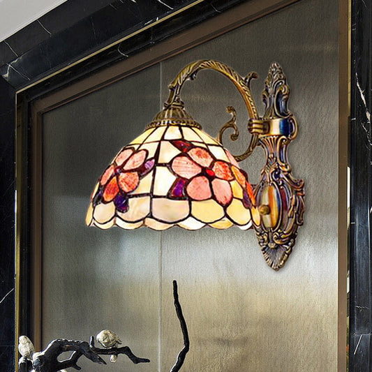 Bowl-Shaped Wall Mount Fixture Stained Glass 1 Light Wall Lighting with Flower Pattern in Antique Brass Antique Brass 8" Clearhalo 'Industrial' 'Middle century wall lights' 'Tiffany wall lights' 'Tiffany' 'Wall Lamps & Sconces' 'Wall Lights' Lighting' 183215