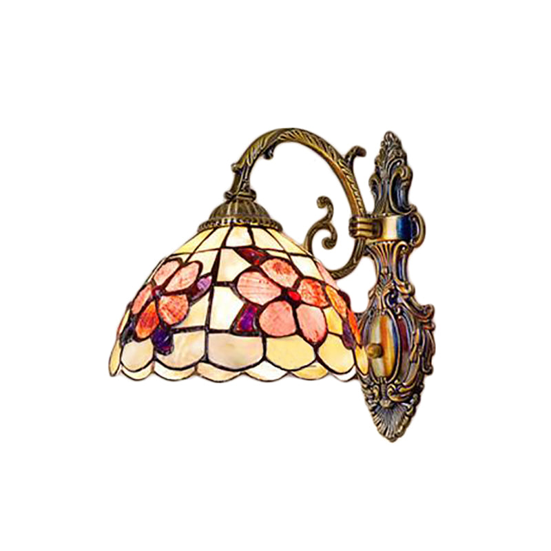 Bowl-Shaped Wall Mount Fixture Stained Glass 1 Light Wall Lighting with Flower Pattern in Antique Brass Clearhalo 'Industrial' 'Middle century wall lights' 'Tiffany wall lights' 'Tiffany' 'Wall Lamps & Sconces' 'Wall Lights' Lighting' 183216