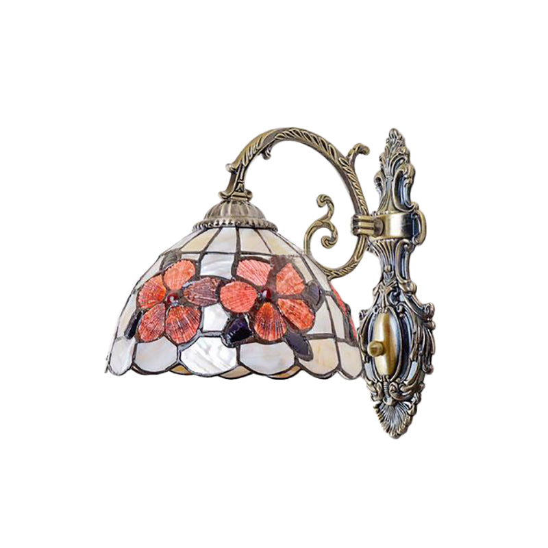 Bowl-Shaped Wall Mount Fixture Stained Glass 1 Light Wall Lighting with Flower Pattern in Antique Brass Clearhalo 'Industrial' 'Middle century wall lights' 'Tiffany wall lights' 'Tiffany' 'Wall Lamps & Sconces' 'Wall Lights' Lighting' 183217