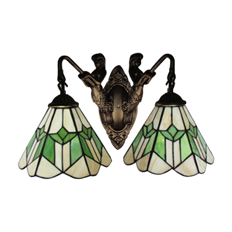 Conical Wall Light Fixture Tiffany Green and White Glass 2 Heads Aged Brass Sconce Light Clearhalo 'Industrial' 'Middle century wall lights' 'Tiffany wall lights' 'Tiffany' 'Wall Lamps & Sconces' 'Wall Lights' Lighting' 183243