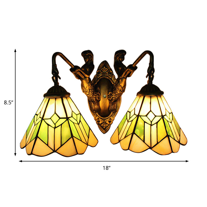 Conical Wall Light Fixture Tiffany Green and White Glass 2 Heads Aged Brass Sconce Light Clearhalo 'Industrial' 'Middle century wall lights' 'Tiffany wall lights' 'Tiffany' 'Wall Lamps & Sconces' 'Wall Lights' Lighting' 183244