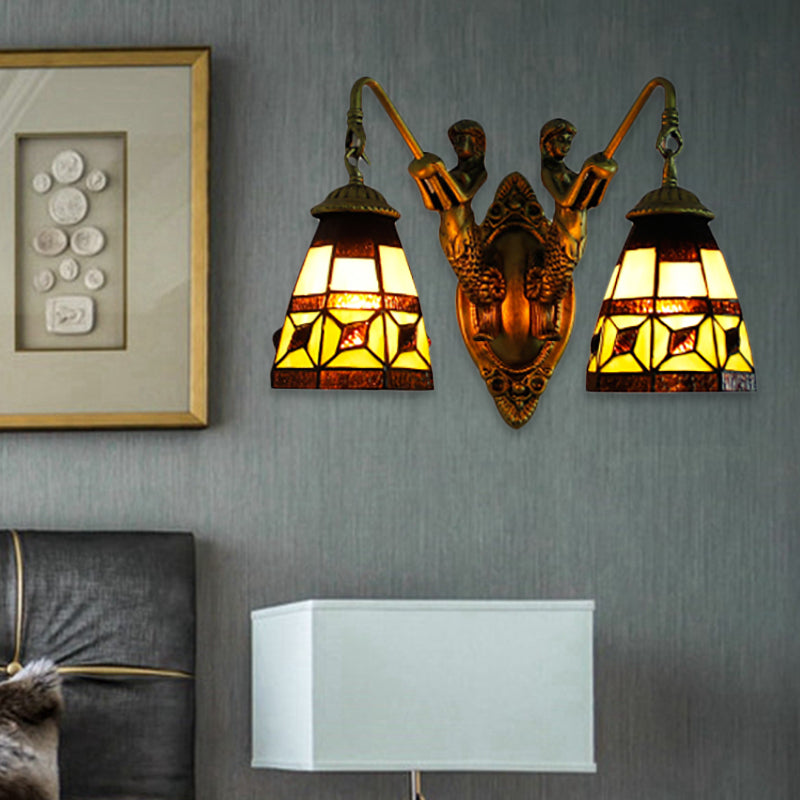 Cone Beige Glass Wall Light Fixture Tiffany 2 Heads Antique Brass Sconce Lighting Clearhalo 'Industrial' 'Middle century wall lights' 'Tiffany wall lights' 'Tiffany' 'Wall Lamps & Sconces' 'Wall Lights' Lighting' 183250