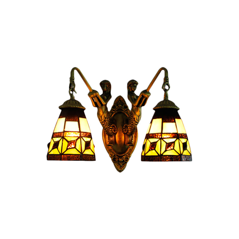 Cone Beige Glass Wall Light Fixture Tiffany 2 Heads Antique Brass Sconce Lighting Clearhalo 'Industrial' 'Middle century wall lights' 'Tiffany wall lights' 'Tiffany' 'Wall Lamps & Sconces' 'Wall Lights' Lighting' 183251