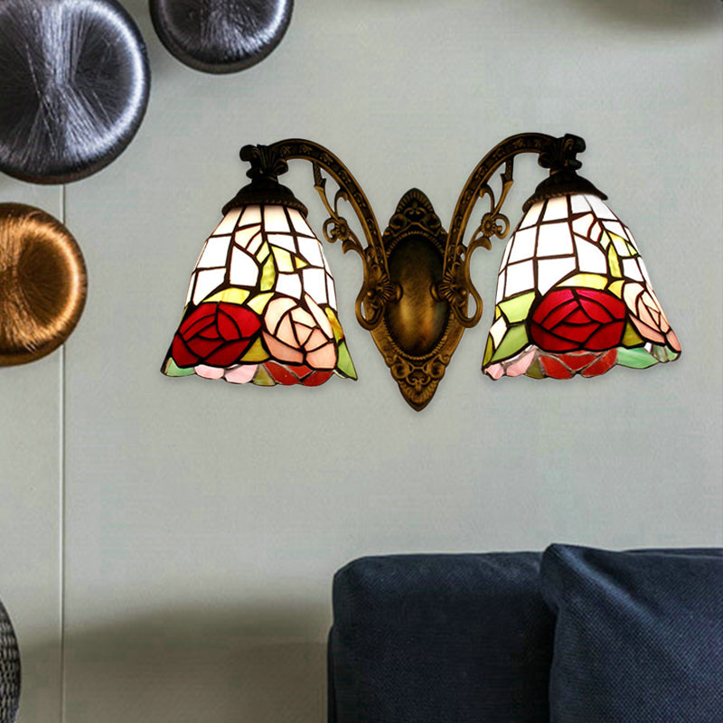 Tiffany Style Wall Fixture Light Stained Glass 2 Lights Wall Sconce with Rose Pattern in Bronze Finish Clearhalo 'Industrial' 'Middle century wall lights' 'Tiffany wall lights' 'Tiffany' 'Wall Lamps & Sconces' 'Wall Lights' Lighting' 183263