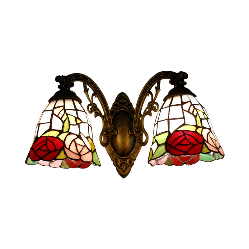 Tiffany Style Wall Fixture Light Stained Glass 2 Lights Wall Sconce with Rose Pattern in Bronze Finish Clearhalo 'Industrial' 'Middle century wall lights' 'Tiffany wall lights' 'Tiffany' 'Wall Lamps & Sconces' 'Wall Lights' Lighting' 183264