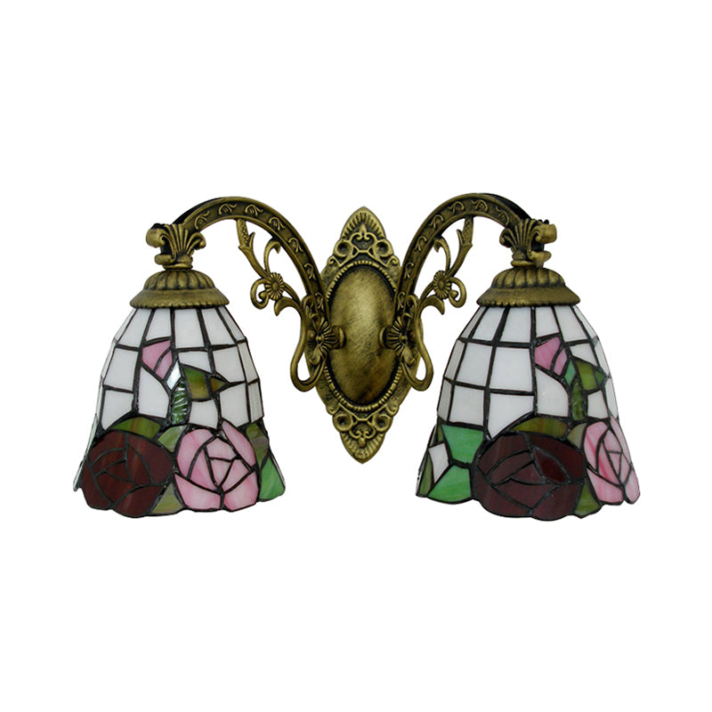 Tiffany Style Wall Fixture Light Stained Glass 2 Lights Wall Sconce with Rose Pattern in Bronze Finish Clearhalo 'Industrial' 'Middle century wall lights' 'Tiffany wall lights' 'Tiffany' 'Wall Lamps & Sconces' 'Wall Lights' Lighting' 183265