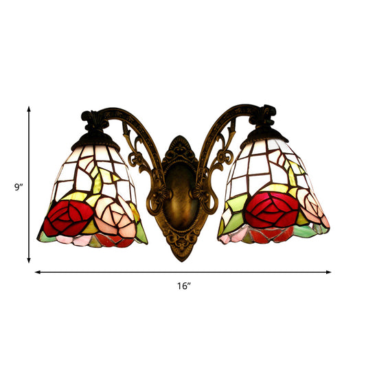 Tiffany Style Wall Fixture Light Stained Glass 2 Lights Wall Sconce with Rose Pattern in Bronze Finish Clearhalo 'Industrial' 'Middle century wall lights' 'Tiffany wall lights' 'Tiffany' 'Wall Lamps & Sconces' 'Wall Lights' Lighting' 183266