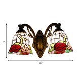 Tiffany Style Wall Fixture Light Stained Glass 2 Lights Wall Sconce with Rose Pattern in Bronze Finish Clearhalo 'Industrial' 'Middle century wall lights' 'Tiffany wall lights' 'Tiffany' 'Wall Lamps & Sconces' 'Wall Lights' Lighting' 183266