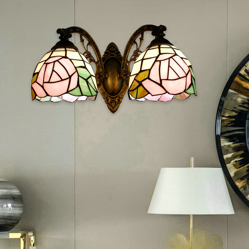 Tiffany Style Wall Fixture Light Stained Glass 2 Lights Wall Sconce with Rose Pattern in Bronze Finish Bronze Pink Rose Clearhalo 'Industrial' 'Middle century wall lights' 'Tiffany wall lights' 'Tiffany' 'Wall Lamps & Sconces' 'Wall Lights' Lighting' 183267