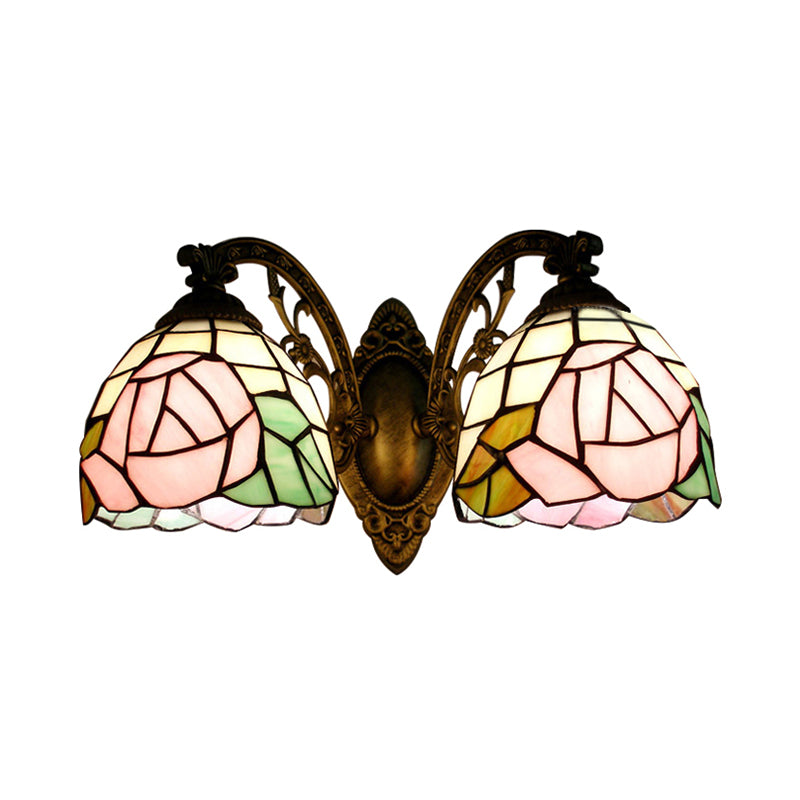 Tiffany Style Wall Fixture Light Stained Glass 2 Lights Wall Sconce with Rose Pattern in Bronze Finish Clearhalo 'Industrial' 'Middle century wall lights' 'Tiffany wall lights' 'Tiffany' 'Wall Lamps & Sconces' 'Wall Lights' Lighting' 183268