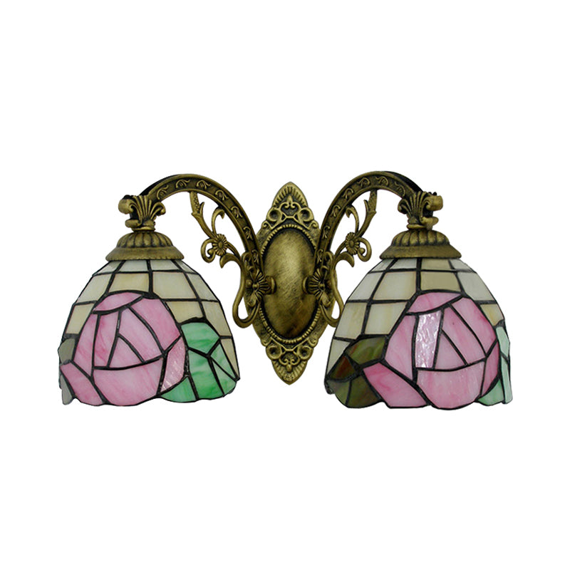 Tiffany Style Wall Fixture Light Stained Glass 2 Lights Wall Sconce with Rose Pattern in Bronze Finish Clearhalo 'Industrial' 'Middle century wall lights' 'Tiffany wall lights' 'Tiffany' 'Wall Lamps & Sconces' 'Wall Lights' Lighting' 183269