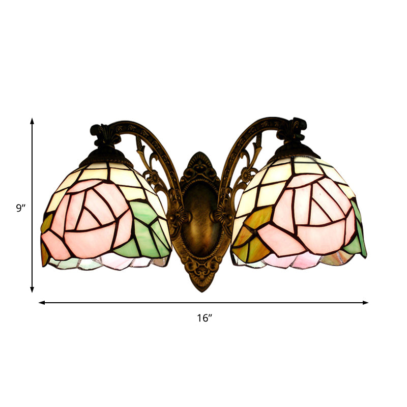Tiffany Style Wall Fixture Light Stained Glass 2 Lights Wall Sconce with Rose Pattern in Bronze Finish Clearhalo 'Industrial' 'Middle century wall lights' 'Tiffany wall lights' 'Tiffany' 'Wall Lamps & Sconces' 'Wall Lights' Lighting' 183270