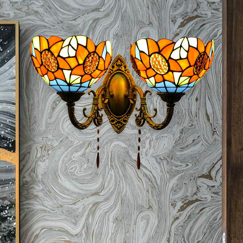 Orange Bowl Wall Fixture Light Country Stained Glass 2 Lights Wall Mount Fixture with Sunflower Pattern Clearhalo 'Industrial' 'Middle century wall lights' 'Tiffany wall lights' 'Tiffany' 'Wall Lamps & Sconces' 'Wall Lights' Lighting' 183279