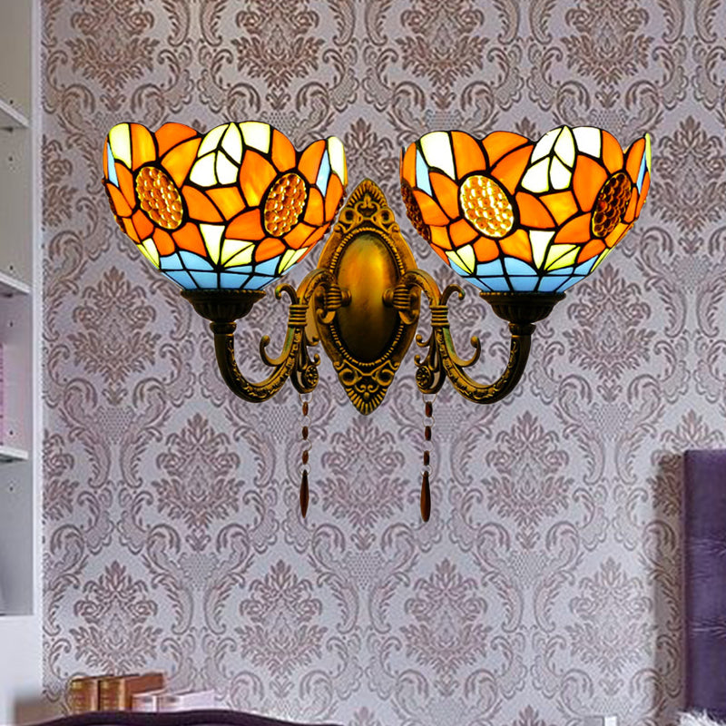Orange Bowl Wall Fixture Light Country Stained Glass 2 Lights Wall Mount Fixture with Sunflower Pattern Clearhalo 'Industrial' 'Middle century wall lights' 'Tiffany wall lights' 'Tiffany' 'Wall Lamps & Sconces' 'Wall Lights' Lighting' 183280