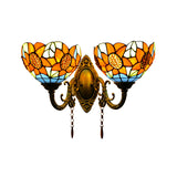 Orange Bowl Wall Fixture Light Country Stained Glass 2 Lights Wall Mount Fixture with Sunflower Pattern Orange Clearhalo 'Industrial' 'Middle century wall lights' 'Tiffany wall lights' 'Tiffany' 'Wall Lamps & Sconces' 'Wall Lights' Lighting' 183281