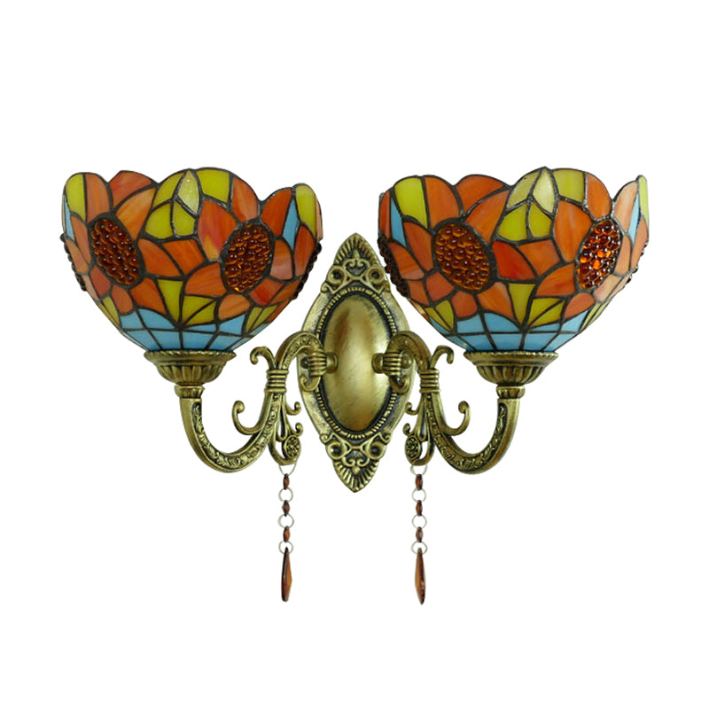 Orange Bowl Wall Fixture Light Country Stained Glass 2 Lights Wall Mount Fixture with Sunflower Pattern Clearhalo 'Industrial' 'Middle century wall lights' 'Tiffany wall lights' 'Tiffany' 'Wall Lamps & Sconces' 'Wall Lights' Lighting' 183282