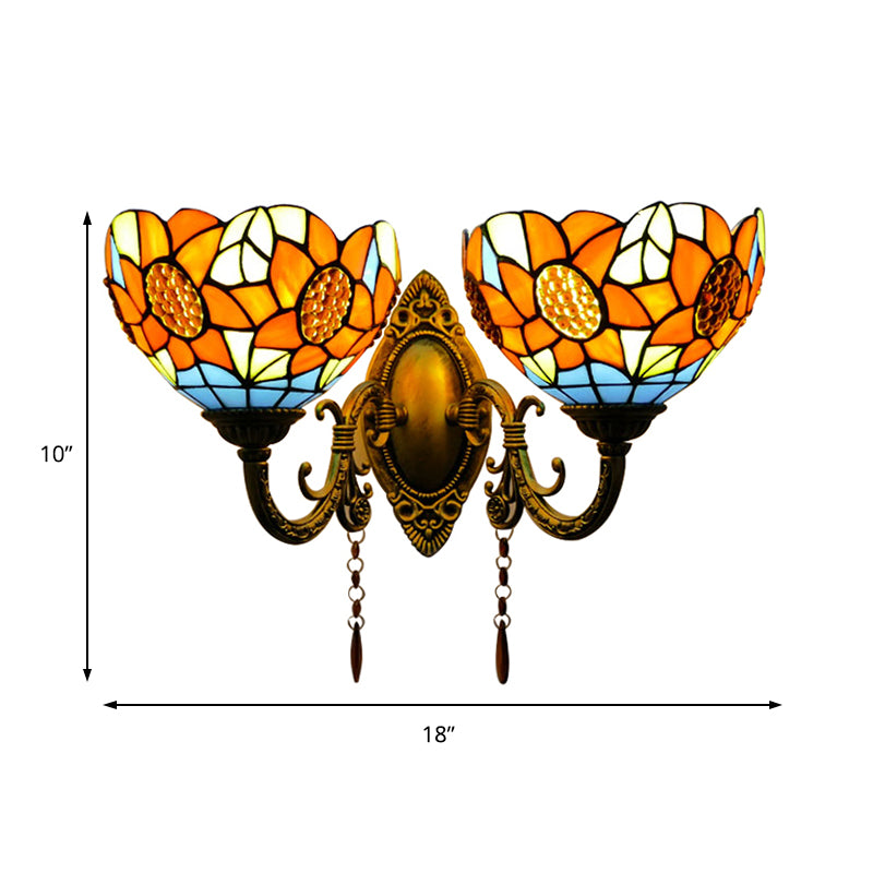 Orange Bowl Wall Fixture Light Country Stained Glass 2 Lights Wall Mount Fixture with Sunflower Pattern Clearhalo 'Industrial' 'Middle century wall lights' 'Tiffany wall lights' 'Tiffany' 'Wall Lamps & Sconces' 'Wall Lights' Lighting' 183283