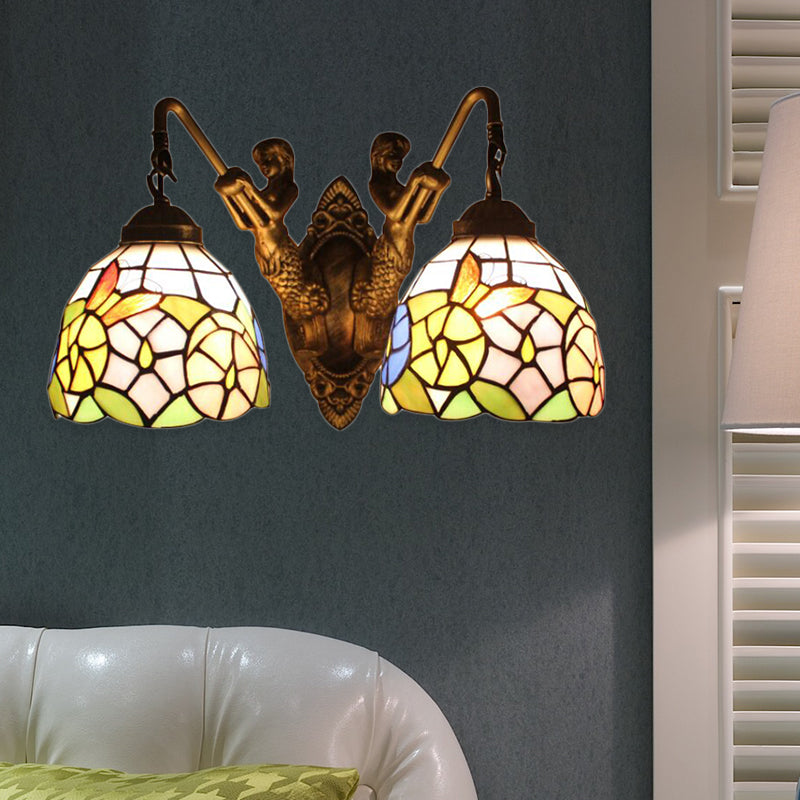 Multicolor Glass Bowl Wall Mount Light Tiffany 2 Head Bronze Sconce Light with Dragonfly/Butterfly Pattern Clearhalo 'Industrial' 'Middle century wall lights' 'Tiffany wall lights' 'Tiffany' 'Wall Lamps & Sconces' 'Wall Lights' Lighting' 183304