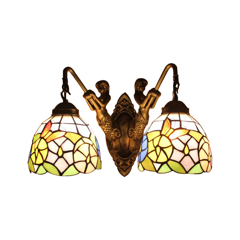 Multicolor Glass Bowl Wall Mount Light Tiffany 2 Head Bronze Sconce Light with Dragonfly/Butterfly Pattern Clearhalo 'Industrial' 'Middle century wall lights' 'Tiffany wall lights' 'Tiffany' 'Wall Lamps & Sconces' 'Wall Lights' Lighting' 183305