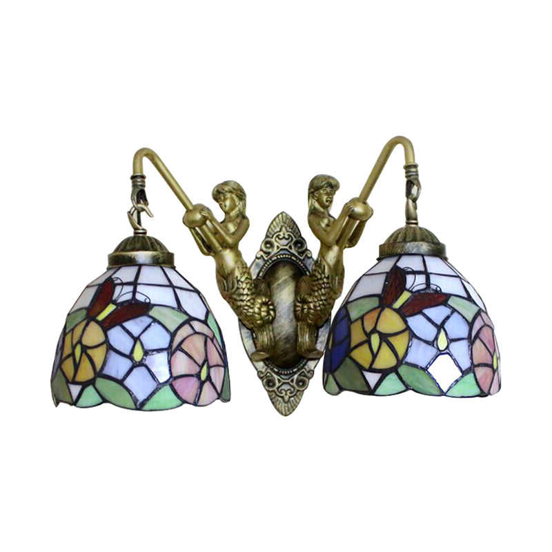 Multicolor Glass Bowl Wall Mount Light Tiffany 2 Head Bronze Sconce Light with Dragonfly/Butterfly Pattern Clearhalo 'Industrial' 'Middle century wall lights' 'Tiffany wall lights' 'Tiffany' 'Wall Lamps & Sconces' 'Wall Lights' Lighting' 183306