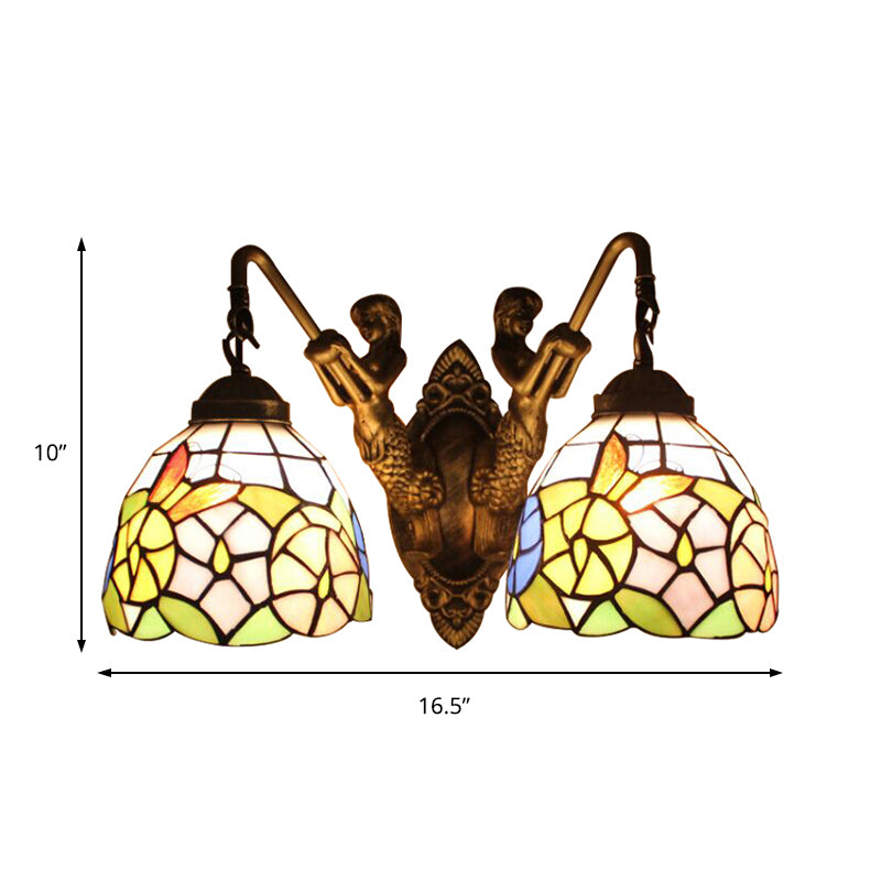 Multicolor Glass Bowl Wall Mount Light Tiffany 2 Head Bronze Sconce Light with Dragonfly/Butterfly Pattern Clearhalo 'Industrial' 'Middle century wall lights' 'Tiffany wall lights' 'Tiffany' 'Wall Lamps & Sconces' 'Wall Lights' Lighting' 183307