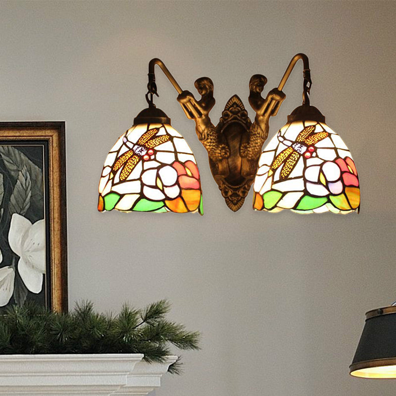 Multicolor Glass Bowl Wall Mount Light Tiffany 2 Head Bronze Sconce Light with Dragonfly/Butterfly Pattern Bronze Dragonfly Clearhalo 'Industrial' 'Middle century wall lights' 'Tiffany wall lights' 'Tiffany' 'Wall Lamps & Sconces' 'Wall Lights' Lighting' 183308