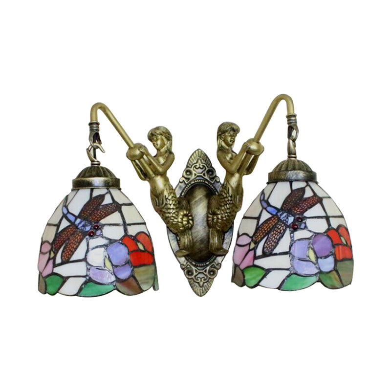 Multicolor Glass Bowl Wall Mount Light Tiffany 2 Head Bronze Sconce Light with Dragonfly/Butterfly Pattern Clearhalo 'Industrial' 'Middle century wall lights' 'Tiffany wall lights' 'Tiffany' 'Wall Lamps & Sconces' 'Wall Lights' Lighting' 183309