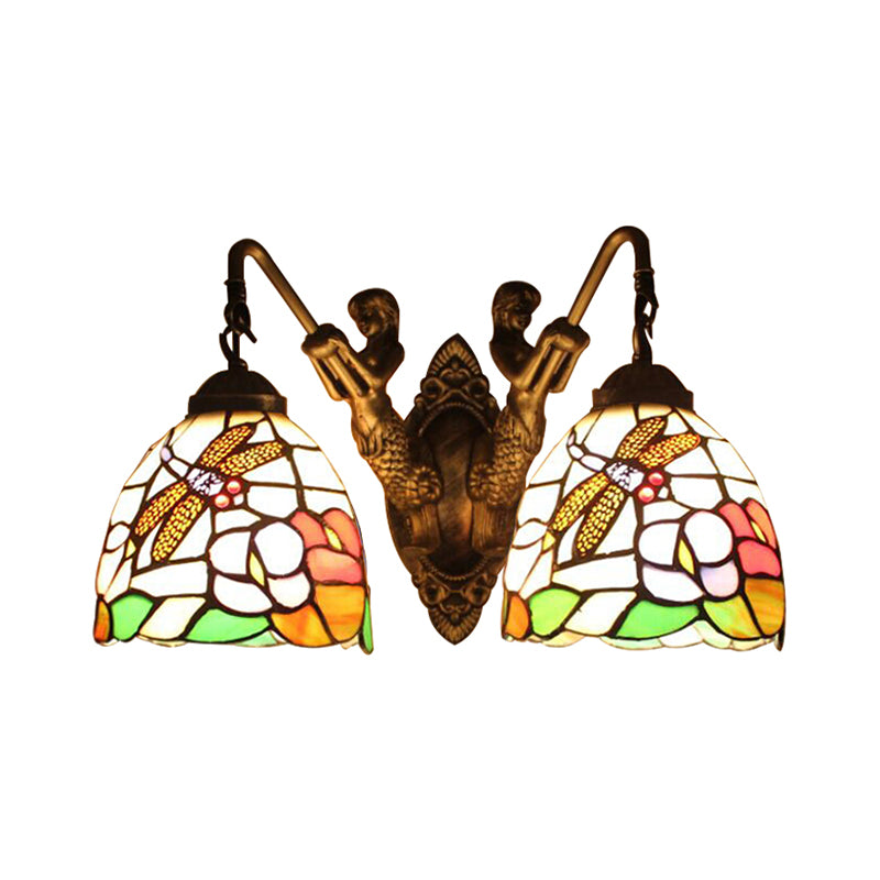 Multicolor Glass Bowl Wall Mount Light Tiffany 2 Head Bronze Sconce Light with Dragonfly/Butterfly Pattern Clearhalo 'Industrial' 'Middle century wall lights' 'Tiffany wall lights' 'Tiffany' 'Wall Lamps & Sconces' 'Wall Lights' Lighting' 183310